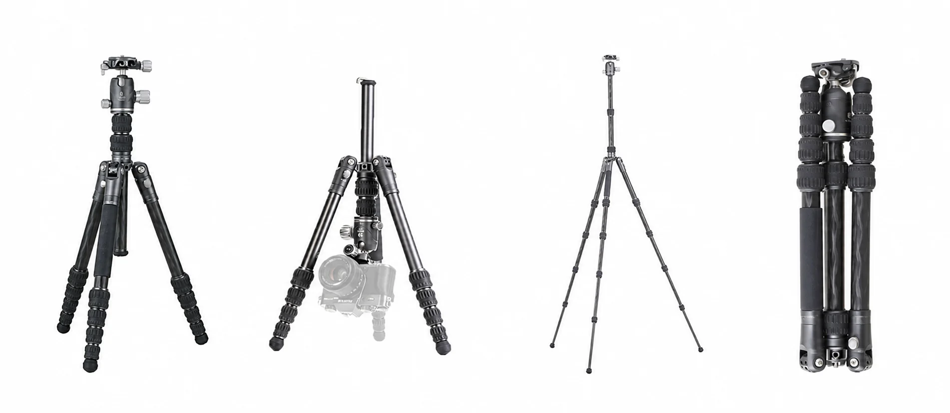 Benro Bat Zero tripod shown in four configurations including inverted low-angle shooting