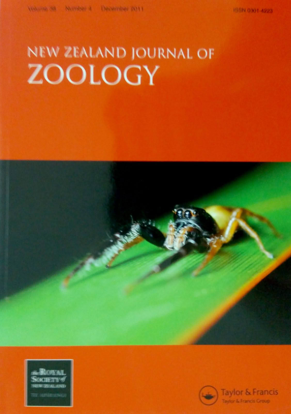 New Zealand Journal of Zoology Volume 38 Issue 4 2011 cover featuring Bryce McQuillan photography