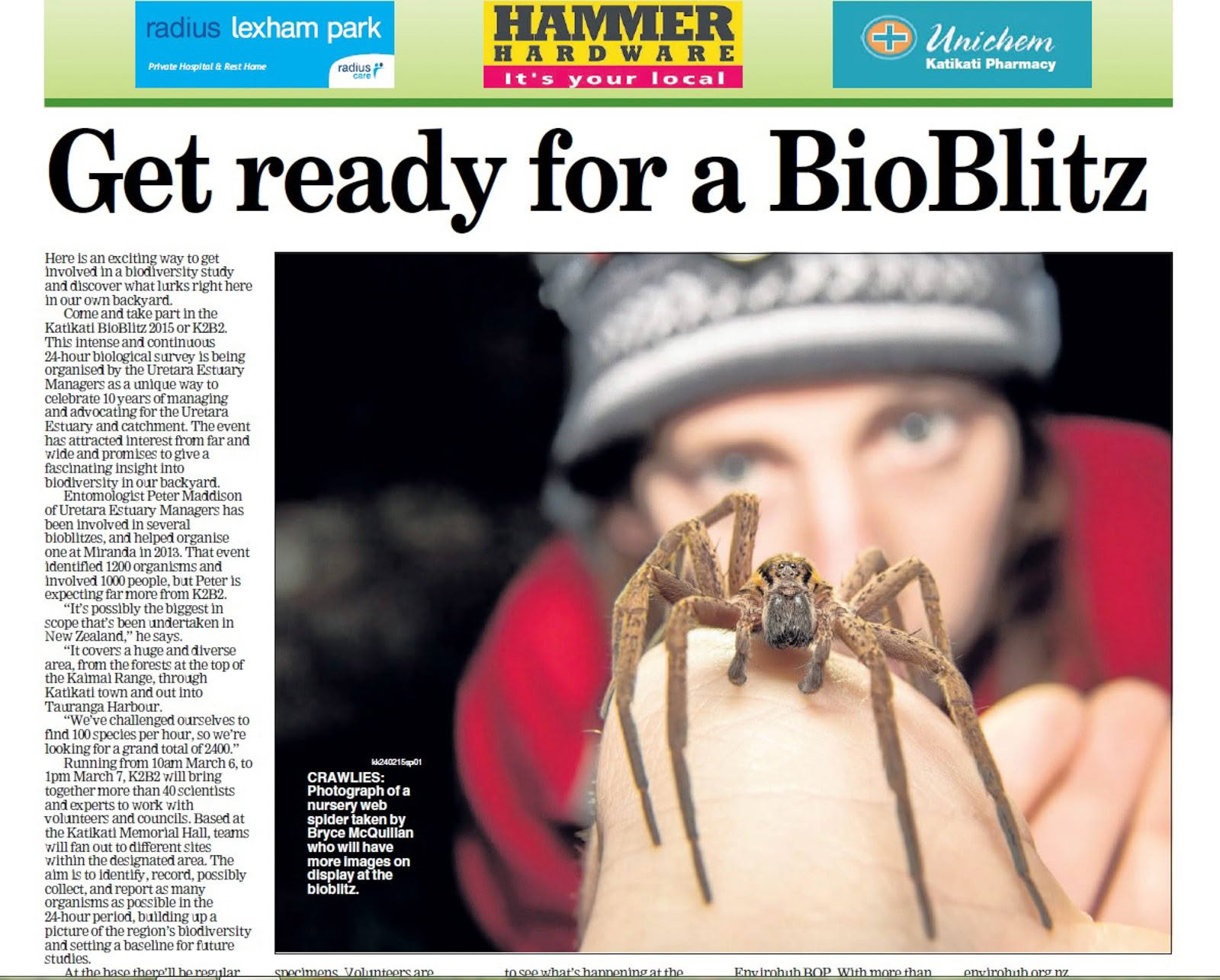 Get ready for a BioBlitz newspaper feature featuring Bryce McQuillan spider photography